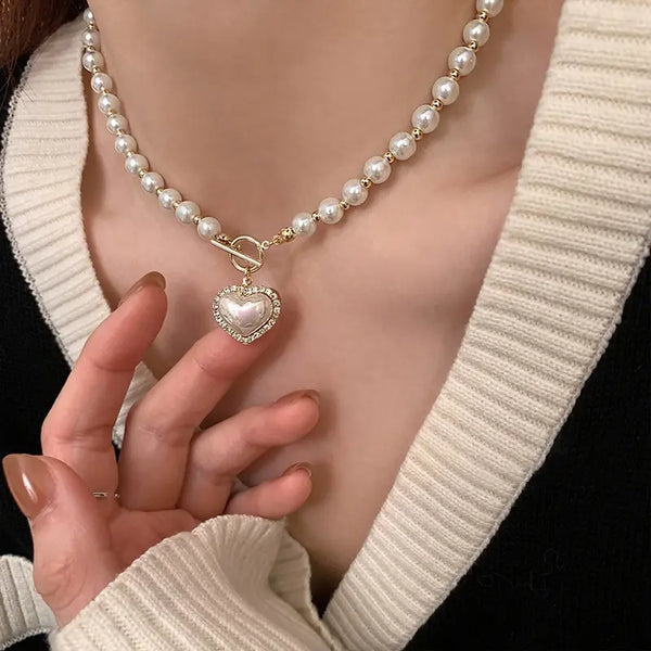Elegant Heart Pearl Pendant Necklace – Gold Simulated Pearls