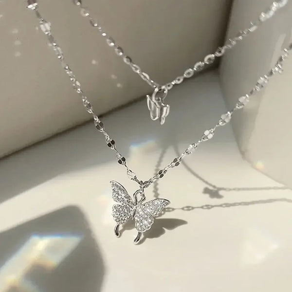 Sparkling Double-Layer Butterfly Necklace – Silver Zinc Alloy