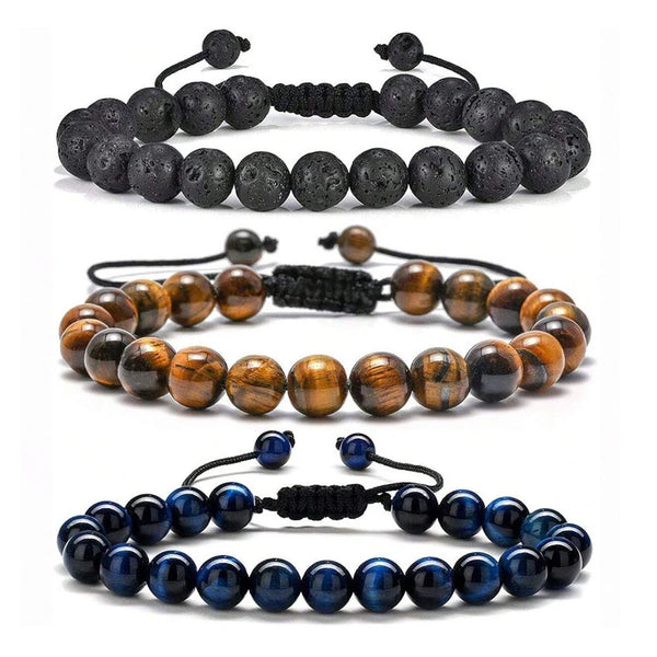 3-Piece 8mm Natural Stone Bracelet Set – Tiger Eye, Lava Rock, Onyx