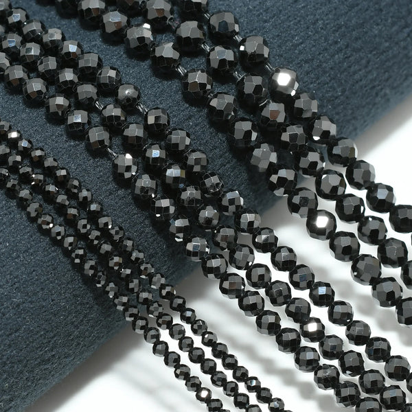 Natural Black Spinel Faceted Beads – 2mm / 3mm / 4mm Round Semi-Precious Gemstones
