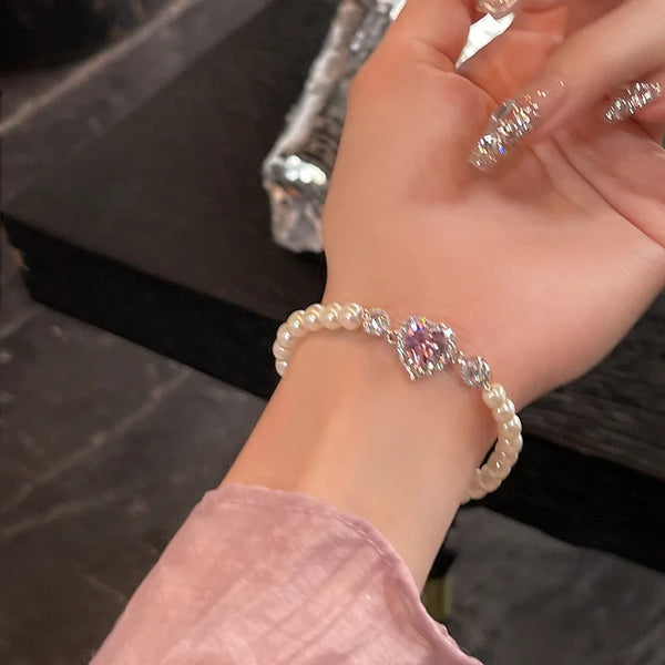Pink Love Pearl Bracelet – Elastic Beaded Zinc Alloy