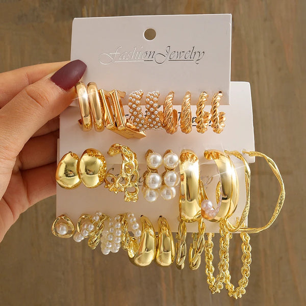 Vintage Pearl Geometry Earrings Set – Gold Metal Alloy